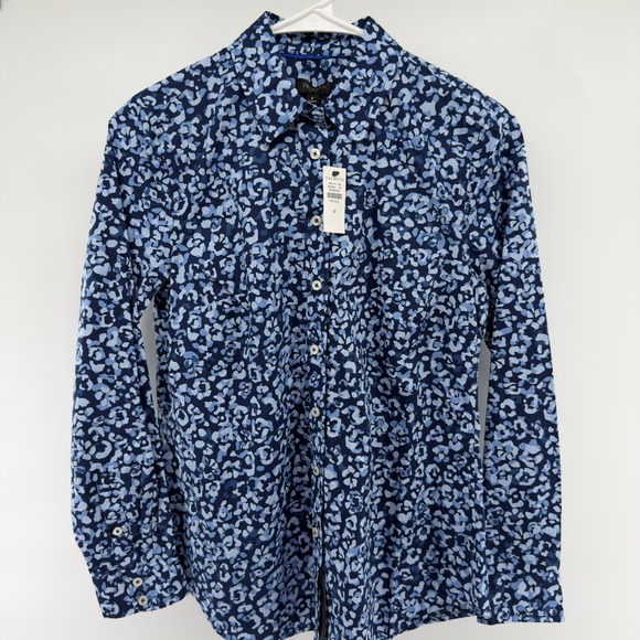 NEW Talbots Petite Womens Blue Leopard Print Button Up Long Sleeve Shirt P - Picture 2 of 6